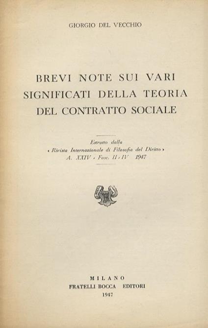 Brevi note sui vari significati della teoria del contratto sociale - Giorgio Del Vecchio - copertina