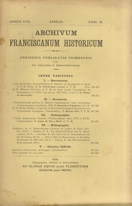 ARCHIVUM franciscanum historicum. Periodica publicatio trimestris cura pp. Collegii D. Bonaventurae. Annus XVII. 1924. Fasc. II. Aprilis - copertina