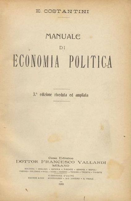Manuale di economia politica. 3a edizione riveduta ed ampliata - E. Costantini - copertina