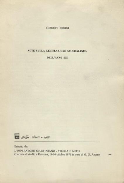 Note sulla legislazione giustinianea dell’anno 535 - Roberto Bonini - copertina