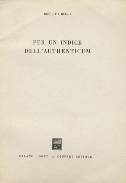 Per un indice dell’Authenticum - Roberto Reggi - copertina
