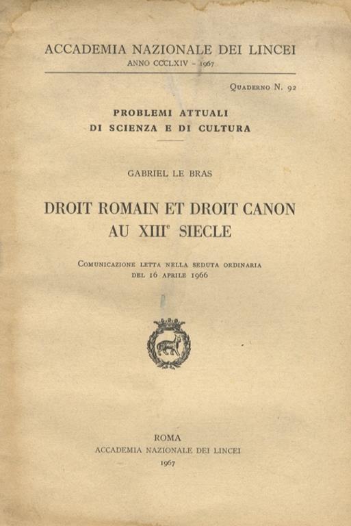 Droit romain et droit canon au XIIIe siecle - Gabriel Le Bras - copertina
