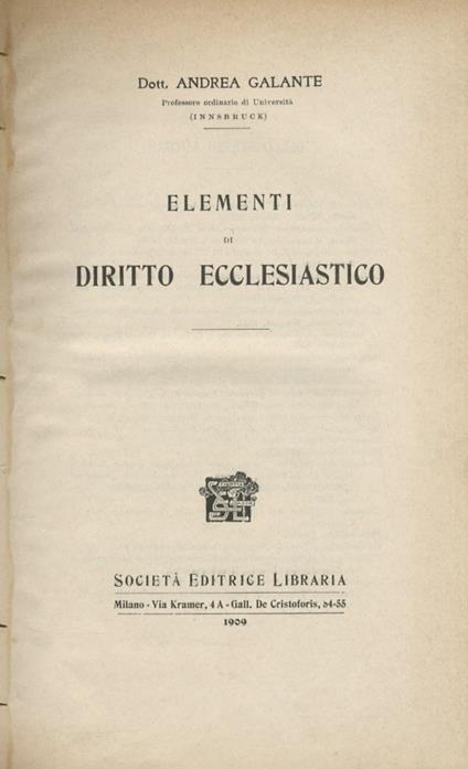 Elementi di diritto ecclesiastico - Andrea Galante - copertina