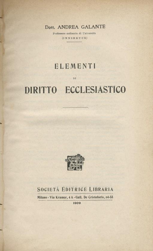 Elementi di diritto ecclesiastico - Andrea Galante - copertina