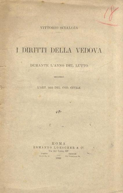 I diritti della vedova durante l’anno del lutto secondo l’art. 1415 del Cod. Civile - Vittorio Scialoja - copertina