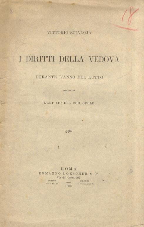 I diritti della vedova durante l’anno del lutto secondo l’art. 1415 del Cod. Civile - Vittorio Scialoja - copertina