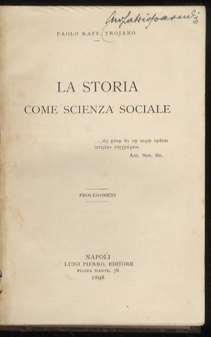 La Storia come scienza sociale. Prolegomeni - copertina