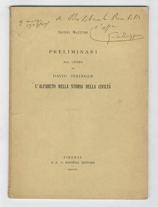 Preliminari all'opera di David Diringer: "L'Alfabeto nella storia della civiltà" - Guido Mazzoni - copertina