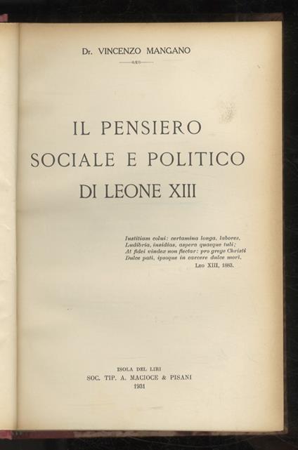 Il pensiero sociale e politico di Leone XIII - Vincenzo Mangano - copertina