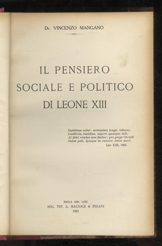Il pensiero sociale e politico di Leone XIII - Vincenzo Mangano - copertina