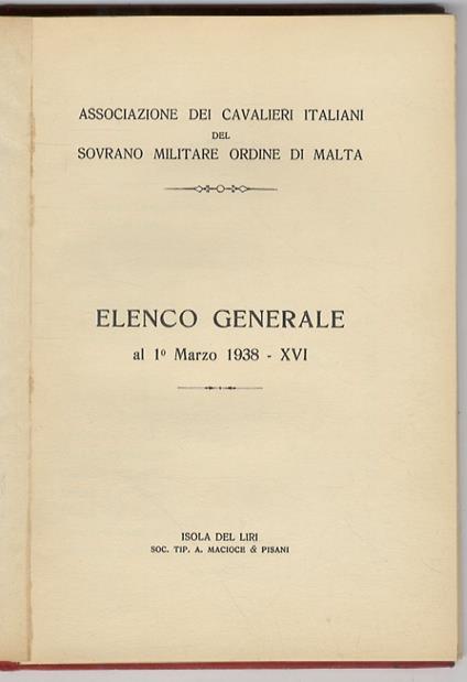 Elenco generale al 1° marzo 1938 - copertina
