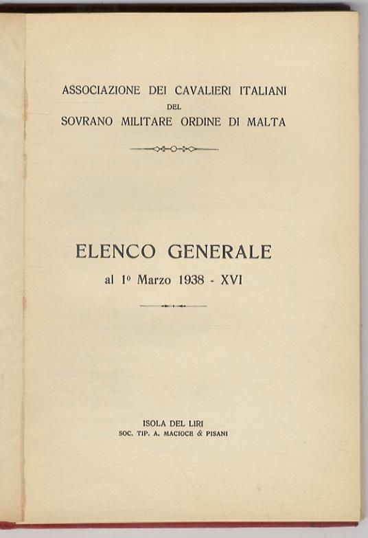 Elenco generale al 1° marzo 1938 - copertina
