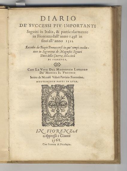 Diario dè successi piu importanti seguiti in Italia, & particolarmente in Fiorenza dall'anno 1498 in sino all'anno 1512 raccolto da Biagio Buonaccorsi [...] Con la vita del Magnifico Lorenzo Dè Medici il vecchio scritta da Niccoló Valori patrizio f - Biagio Buonaccorsi - copertina