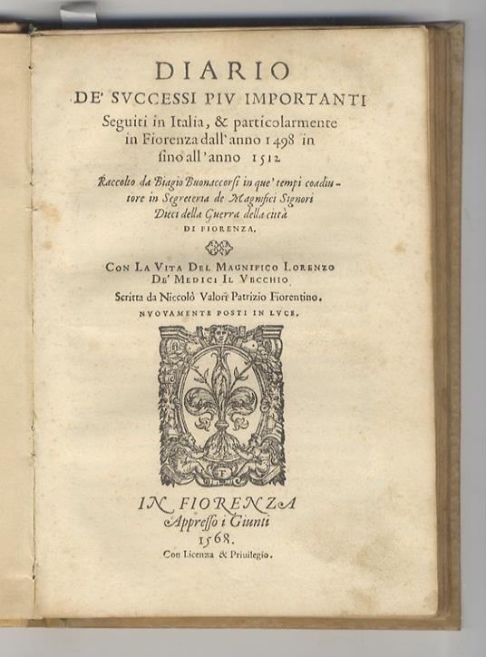 Diario dè successi piu importanti seguiti in Italia, & particolarmente in Fiorenza dall'anno 1498 in sino all'anno 1512 raccolto da Biagio Buonaccorsi [...] Con la vita del Magnifico Lorenzo Dè Medici il vecchio scritta da Niccoló Valori patrizio f - Biagio Buonaccorsi - copertina