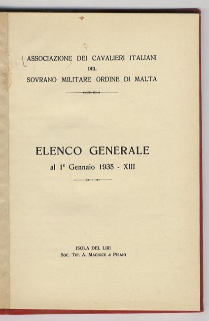 Elenco generale al 1 gennaio 1935 - copertina