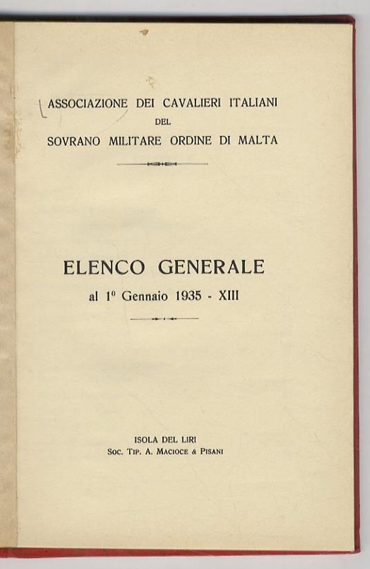 Elenco generale al 1 gennaio 1935 - copertina