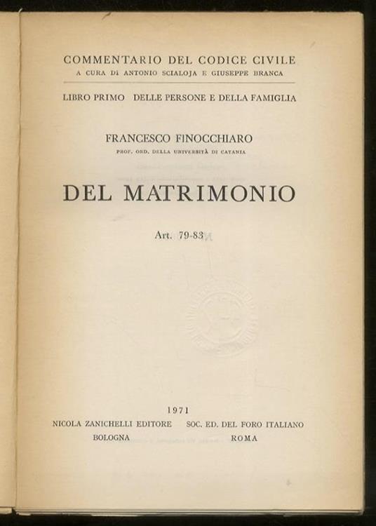 Del matrimonio. Art 79-83 - Francesco Finocchiaro - copertina