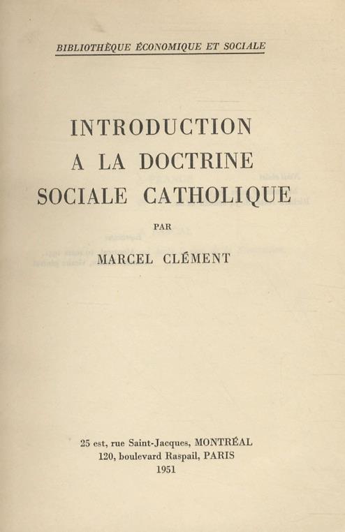 Introduction à la doctrine sociale catholique - Marcel Clement - copertina