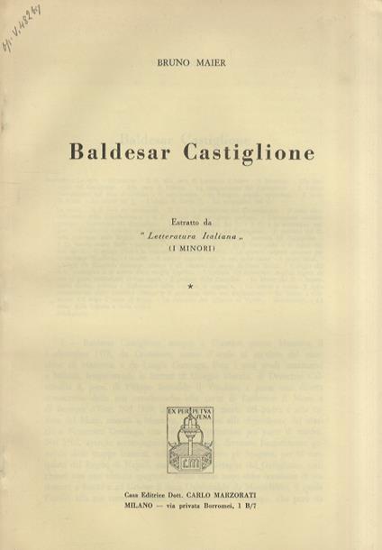 Baldesar Castiglione. Estratto da "Letteratura Italiana" I minori - Bruno Maier - copertina