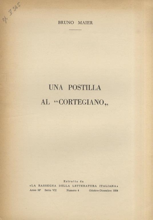 Una postilla al "Cortegiano". Estratto da "La Rassegna della letteratura italiana" - Bruno Maier - copertina