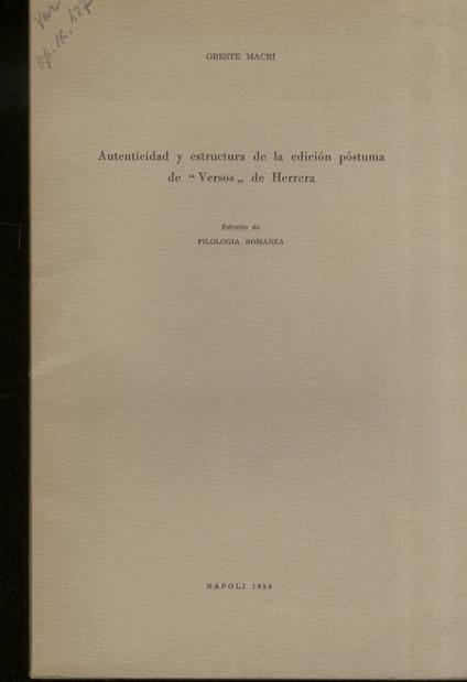 Autenticidad y estructura de la edicion postuma de "Versos" de Herrera - Oreste Macrì - copertina