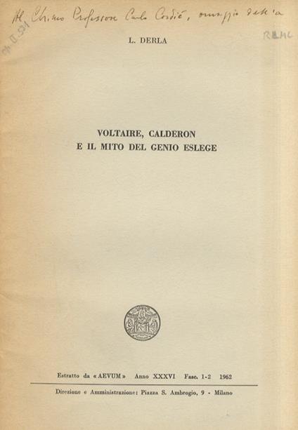 Voltaire, Calderon e il mito del genio Eslege - Luigi Derla - copertina