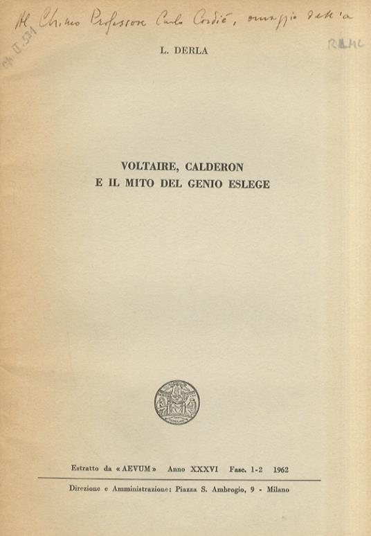 Voltaire, Calderon e il mito del genio Eslege - Luigi Derla - copertina