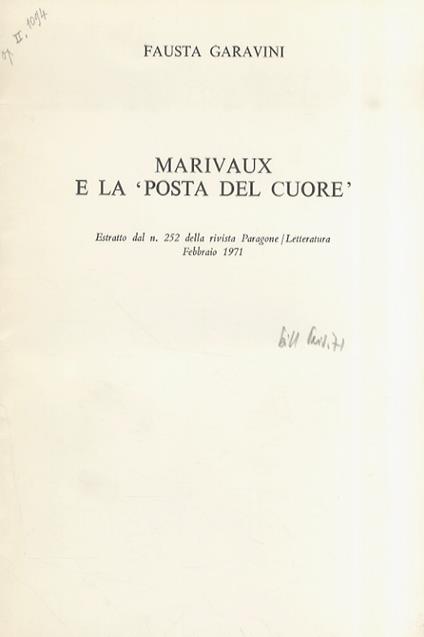 Marivaux e la "posta del cuore". Estratto dal n. 252 della rivista Paragone/Letteratura, febbraio 1971 - Fausta Garavini - copertina