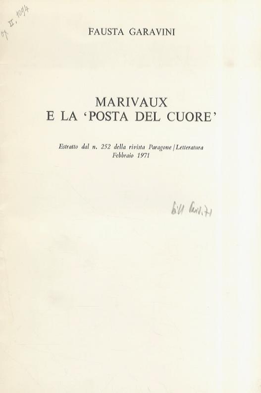 Marivaux e la "posta del cuore". Estratto dal n. 252 della rivista Paragone/Letteratura, febbraio 1971 - Fausta Garavini - copertina