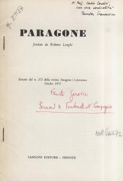 Bernard de Fontenelle et Compagnie. Estratto dal n. 272 della rivista Paragone/letteratura ottobre 1972 - Fausta Garavini - copertina