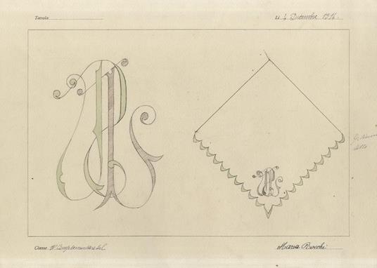 Gruppo di 10 disegni per ricamo a soggetto floreale od ornamentale, o cifre intrecciate per fazzoletti realizzati a china e acquarello su fogli riquadrati a mano di formato cm. 25 x 38, salvo uno di cm. 27,5 x 38 su cartoncino filigrane: "E.V.M. Raf - copertina