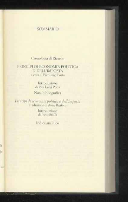 Princìpi di economia politica e dell’imposta. A cura di Pier Luigi Porta. Introduzione di Pier Luigi Porta - David Ricardo - copertina