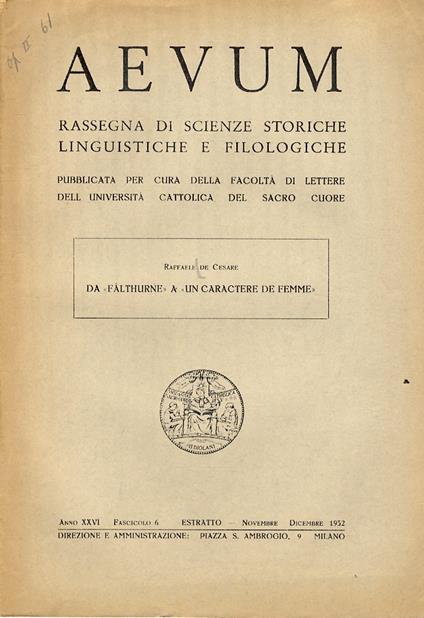 Da “Falthurne” a “Un caractere de femme” - Raffaele De Cesare - copertina