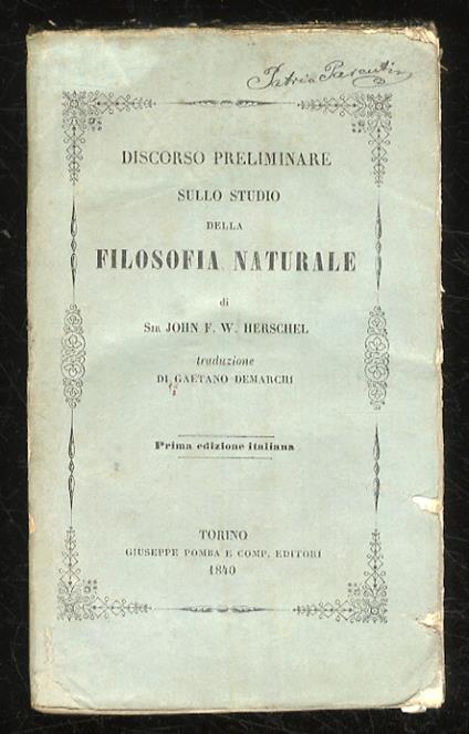 Discorso preliminare sullo Studio della Filosofia naturale. Traduzione di Gaetano Demarchi. Prima edizione italiana - copertina