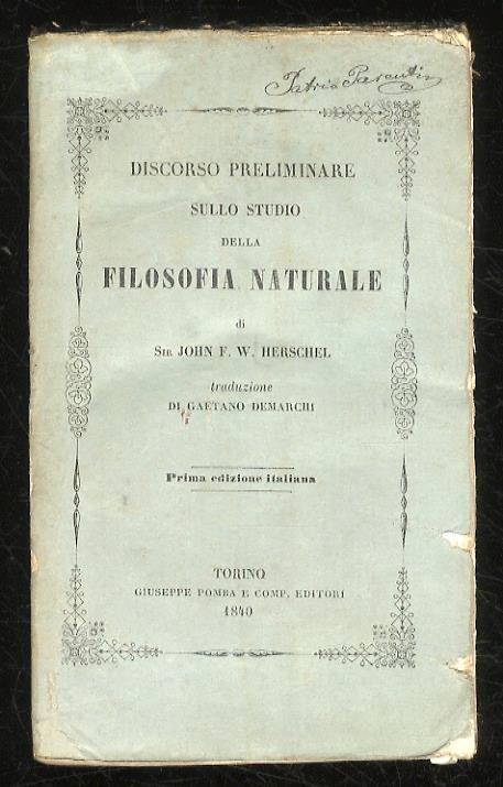 Discorso preliminare sullo Studio della Filosofia naturale. Traduzione di Gaetano Demarchi. Prima edizione italiana - copertina