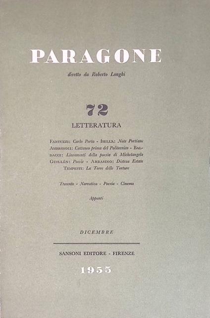 Paragone. Rivista di arte figurativa e letteratura. Letteratura. Anno VI, n. 72, dicembre 1955 - Roberto Longhi - copertina