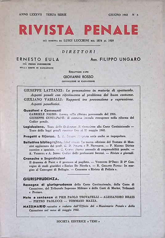 Rivista penale. Anno LXXXVII, n. 6 Giugno 1962 - Ernesto Eula - copertina