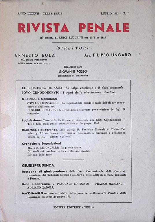 Rivista penale. Anno LXXXVII, n. 7 luglio 1962 - Ernesto Eula - copertina