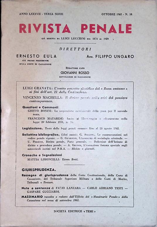Rivista penale. Anno LXXXVII, n. 10 ottobre 1962 - Ernesto Eula - copertina