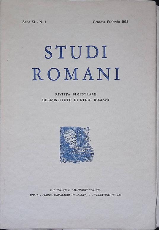 Studi romani. Rivista bimestrale dell'Istituto di Studi Romani. Anno XI, N. 1, gennaio-febbraio 1963 - copertina
