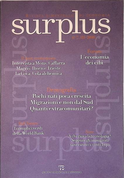Surplus. Rivista bimestrale di economia n.7, III - 2000 - Geminello Alvi - copertina