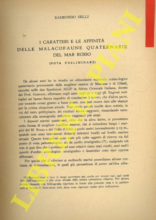 I caratteri e le affinità delle malacofaune quaternarie del Mar Rosso - Raimondo Selli - copertina