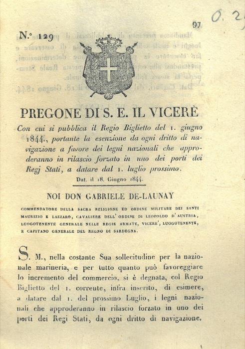 Pregone di S.E. con cui si pubblica il Regio Biglietto relatovo all'esenzione dal diritto di navigazione a favore dei legni nazionali in rilascio forzato in uno dei porti dei Regi Stati - copertina