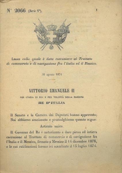 Legge colla quale è data esecuzione al Trattato di commercio e navigazione fra l'Italia ed il Messico - copertina