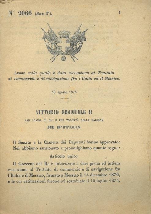 Legge colla quale è data esecuzione al Trattato di commercio e navigazione fra l'Italia ed il Messico - copertina