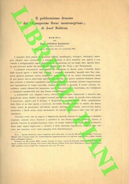 Il poliformismo desunto dal "Conspectus Florae Montenegrinae" di Josef Rohlena - Antonio Baldacci - copertina