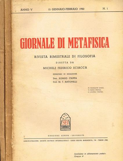 Giornale di metafisica. Rivista bimestrale di filosofia. Anno V, n.1, 3, 4, 1950 - Michele Federico Sciacca - copertina