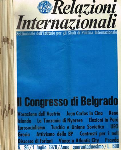 Relazioni Internazionali. Settimanale dell'Istituto per gli studi di politica internazionale. Anno quarantaduesimo, 1978, da n.26 a 52. Supplemento al n.51/52 indice-sommario - copertina
