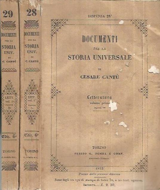 Documenti per la Storia Universale - Anno 1845 - Letteratura Parte I e II - Cesare Cantù - copertina