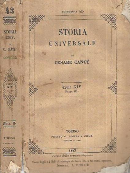 Storia Universale - Anno 1845 - Tomo XIV Parte III - Cesare Cantù - copertina